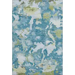 Photo of 8' Denim Blue Ivory And Green Abstract Washable Area Rug With UV Protection