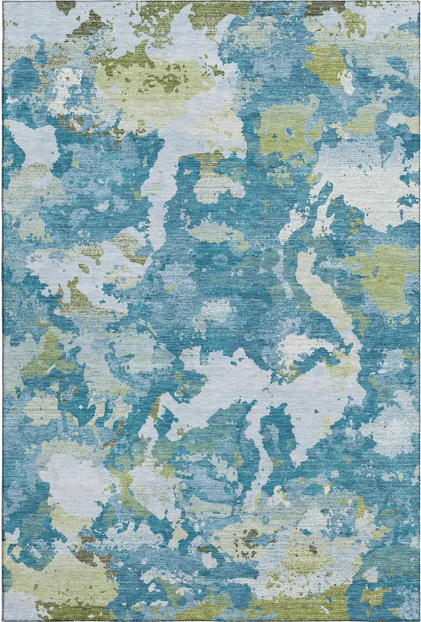 8' Denim Blue Ivory And Green Abstract Washable Area Rug With UV Protection Photo 1