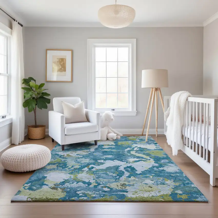 8' Denim Blue Ivory And Green Abstract Washable Area Rug With UV Protection Photo 5