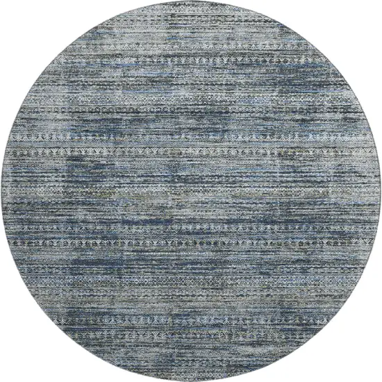 8' Denim Blue Ivory And Khaki Striped Washable Round Rug With UV Protection Photo 1