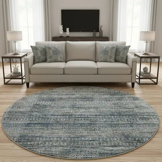 8' Denim Blue Ivory And Khaki Striped Washable Round Rug With UV Protection Photo 2