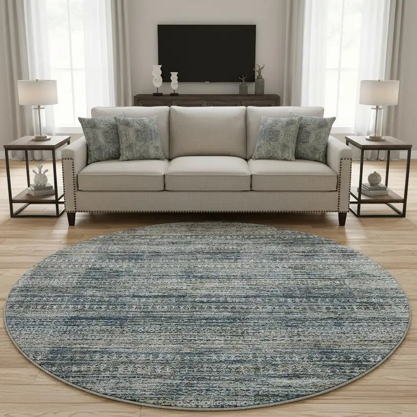 8' Denim Blue Ivory And Khaki Striped Washable Round Rug With UV Protection Photo 2