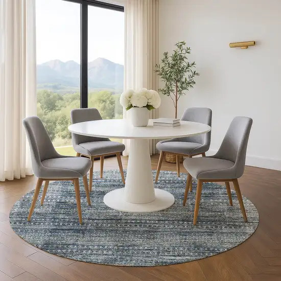 8' Denim Blue Ivory And Khaki Striped Washable Round Rug With UV Protection Photo 5