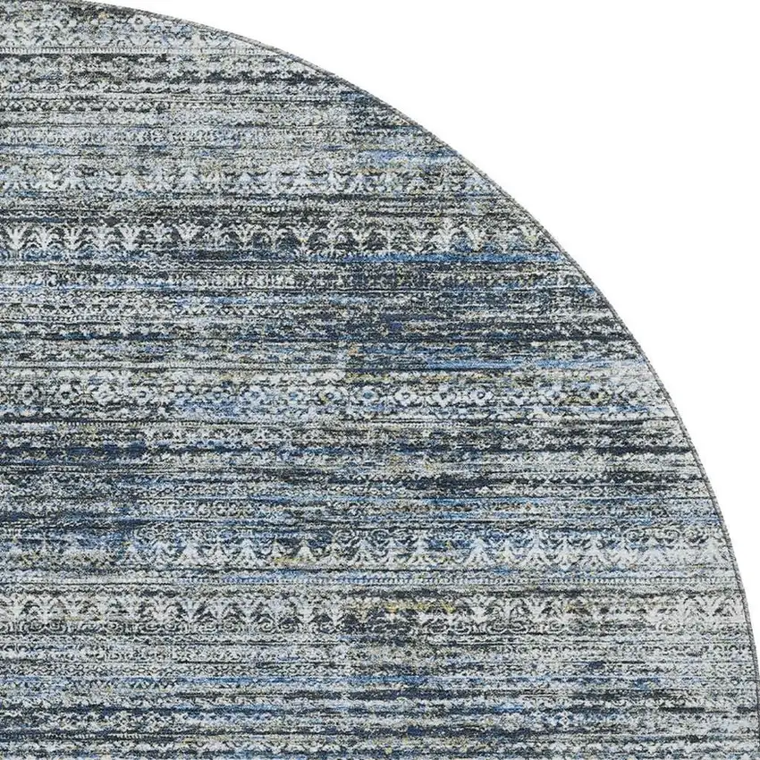 8' Denim Blue Ivory And Khaki Striped Washable Round Rug With UV Protection Photo 4