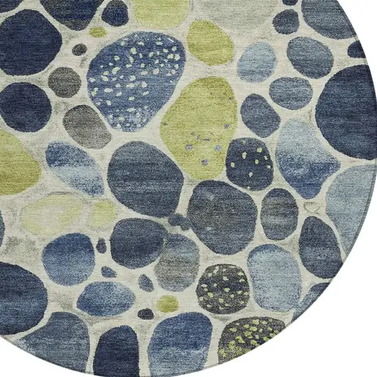 8' Denim Blue Ivory And Lime Green Round Geometric Washable Indoor Outdoor Area Rug Photo 4