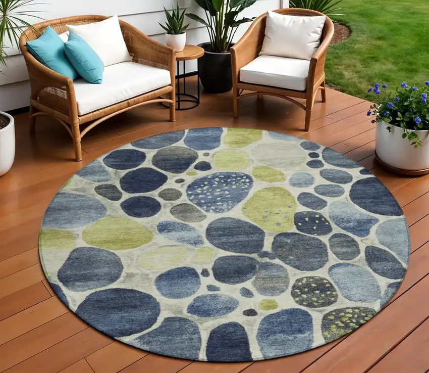 8' Denim Blue Ivory And Lime Green Round Geometric Washable Indoor Outdoor Area Rug Photo 2