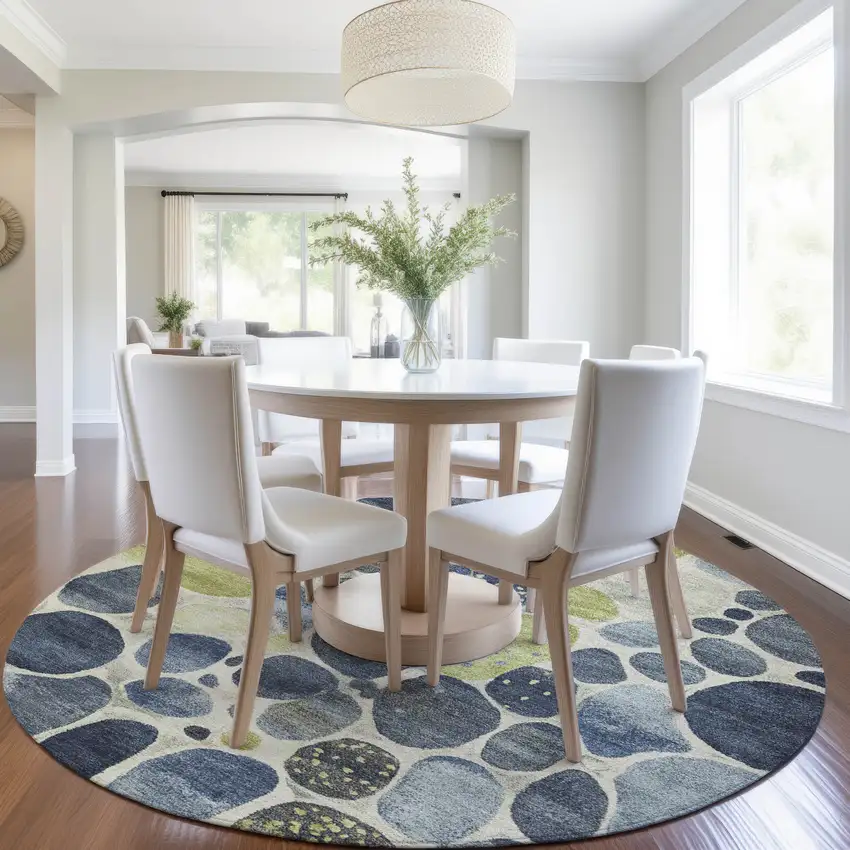 8' Denim Blue Ivory And Lime Green Round Geometric Washable Indoor Outdoor Area Rug Photo 6