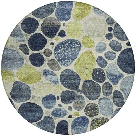 8' Denim Blue Ivory And Lime Green Round Geometric Washable Indoor Outdoor Area Rug Photo 3