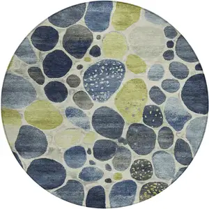 Photo of 8' Denim Blue Ivory And Lime Green Round Geometric Washable Indoor Outdoor Area Rug