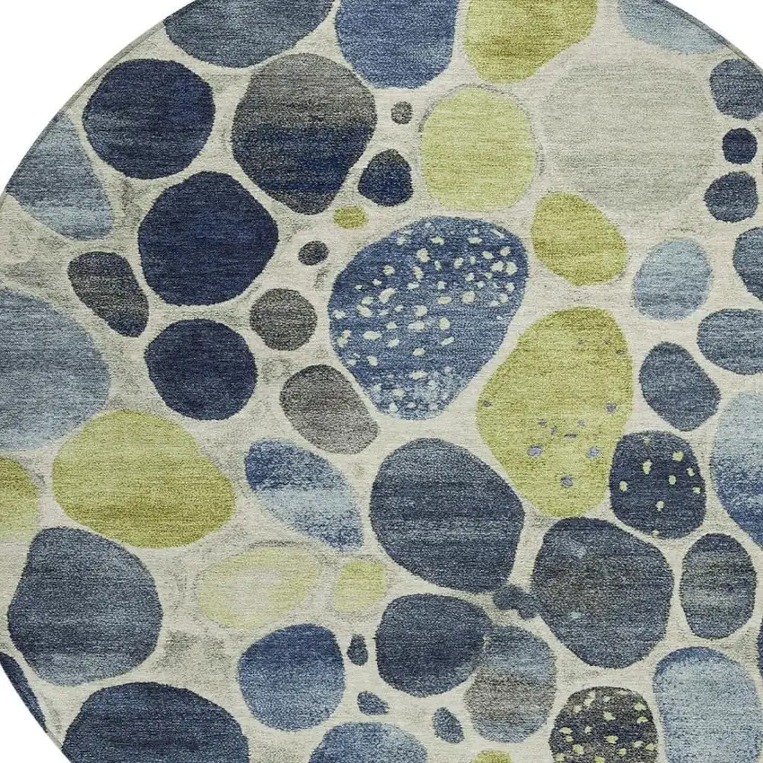 8' Denim Blue Ivory And Lime Green Round Geometric Washable Indoor Outdoor Area Rug Photo 7