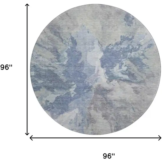 8' Denim Blue Ivory And Linen Abstract Washable Round Rug With UV Protection Photo 9