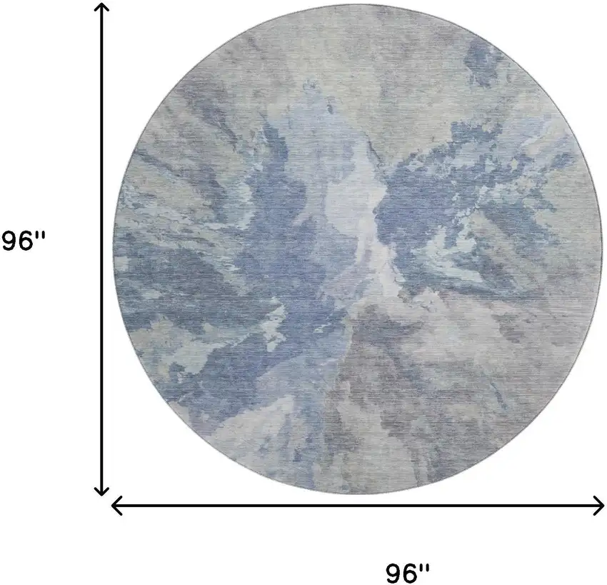 8' Denim Blue Ivory And Linen Abstract Washable Round Rug With UV Protection Photo 9