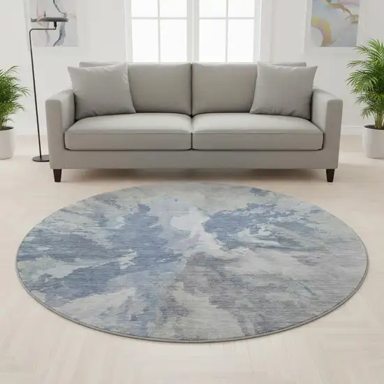 8' Denim Blue Ivory And Linen Abstract Washable Round Rug With UV Protection Photo 2