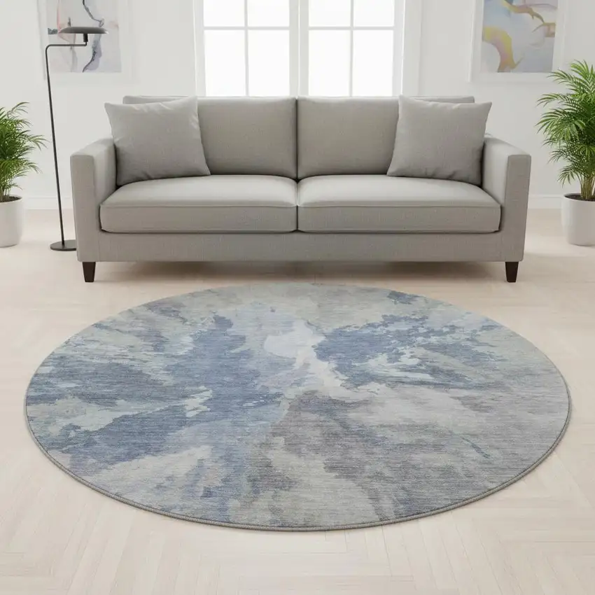 8' Denim Blue Ivory And Linen Abstract Washable Round Rug With UV Protection Photo 2