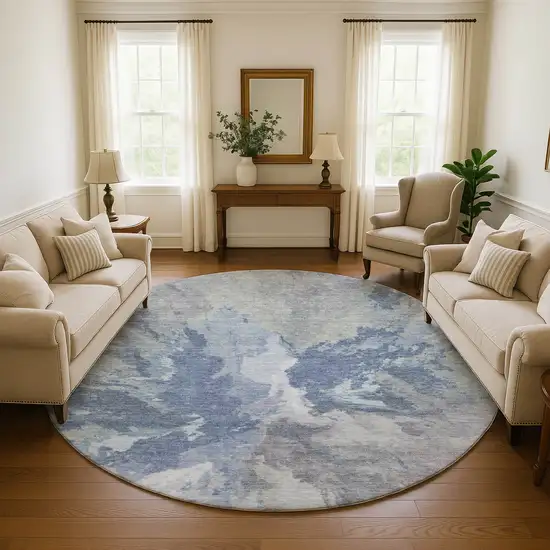 8' Denim Blue Ivory And Linen Abstract Washable Round Rug With UV Protection Photo 4