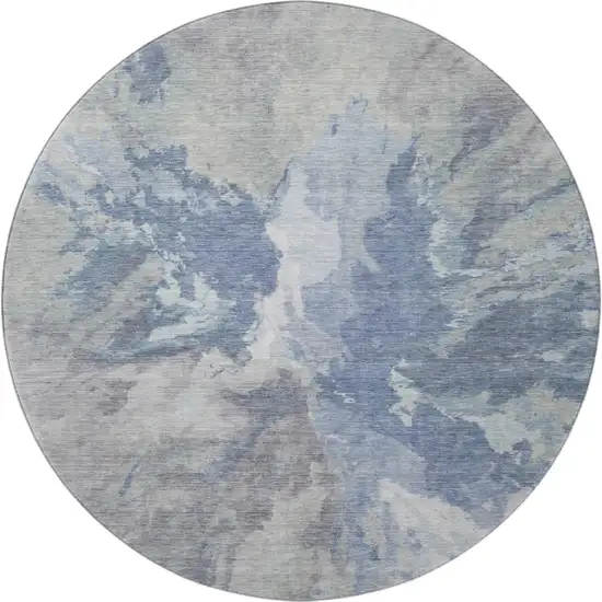 8' Denim Blue Ivory And Linen Abstract Washable Round Rug With UV Protection Photo 3