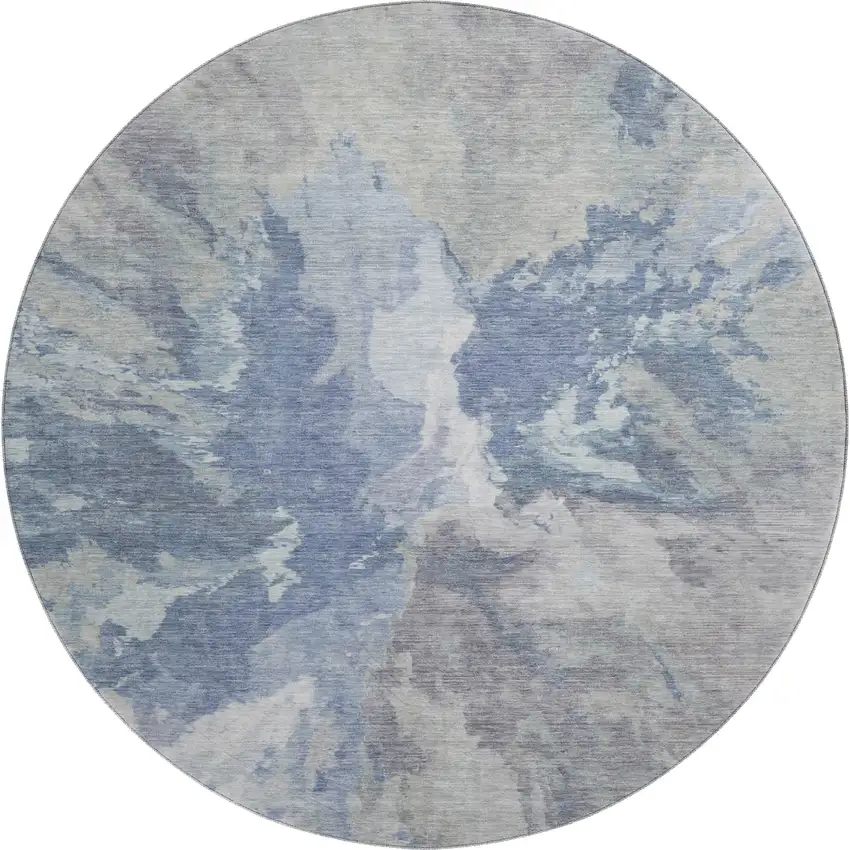 8' Denim Blue Ivory And Linen Abstract Washable Round Rug With UV Protection Photo 1