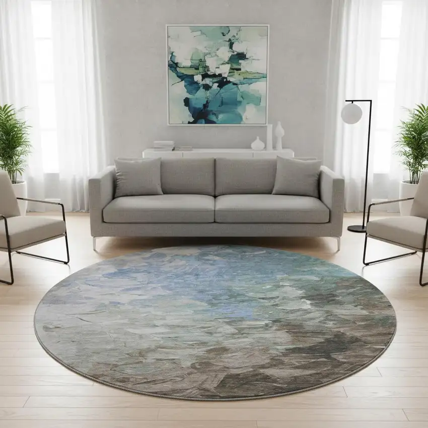 8' Denim Blue Ivory And Taupe Abstract Washable Round Rug With UV Protection Photo 2