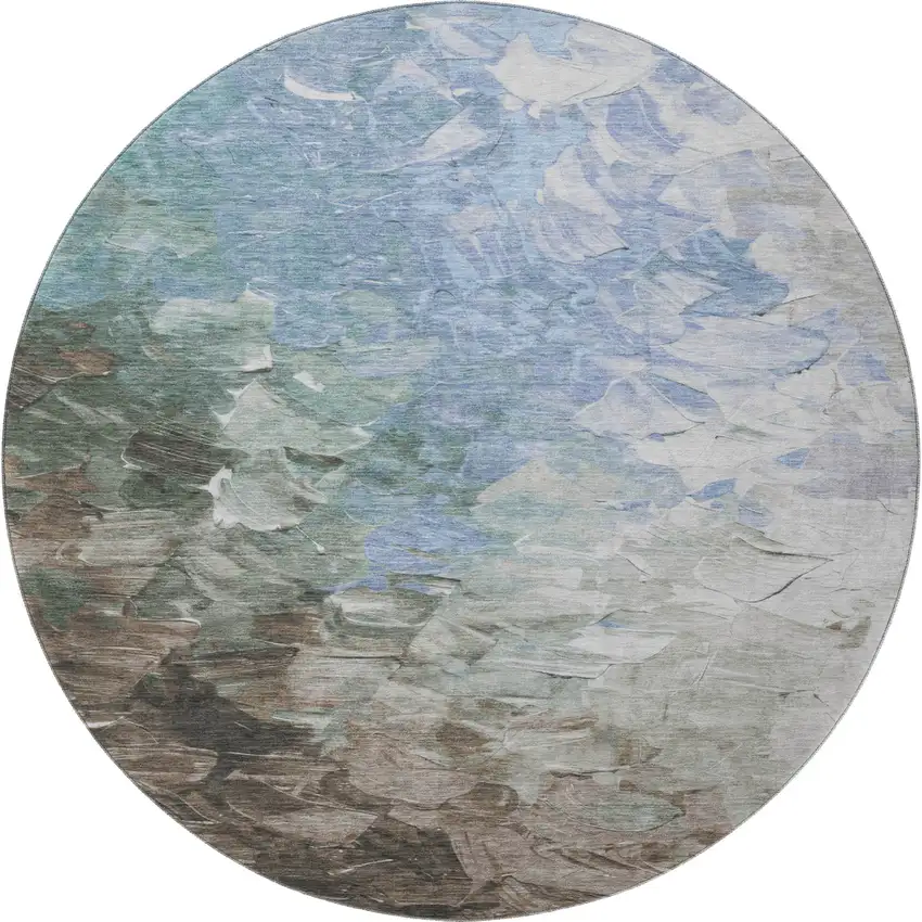 8' Denim Blue Ivory And Taupe Abstract Washable Round Rug With UV Protection Photo 2