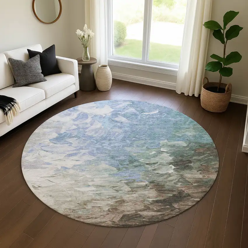 8' Denim Blue Ivory And Taupe Abstract Washable Round Rug With UV Protection Photo 4