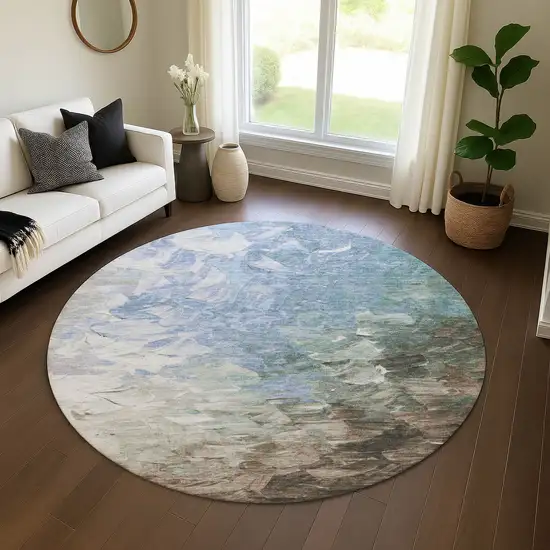 8' Denim Blue Ivory And Taupe Abstract Washable Round Rug With UV Protection Photo 4