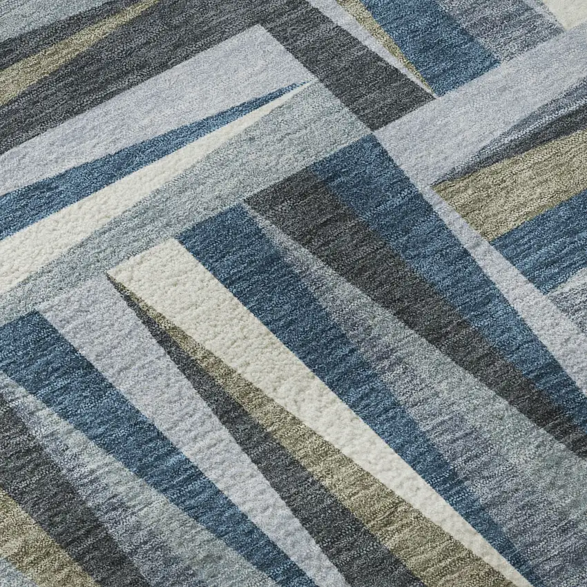 8' Denim Blue Ivory And Taupe Geometric Washable Round Rug With UV Protection Photo 8