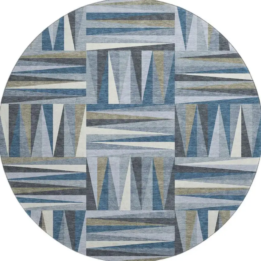 8' Denim Blue Ivory And Taupe Geometric Washable Round Rug With UV Protection Photo 3