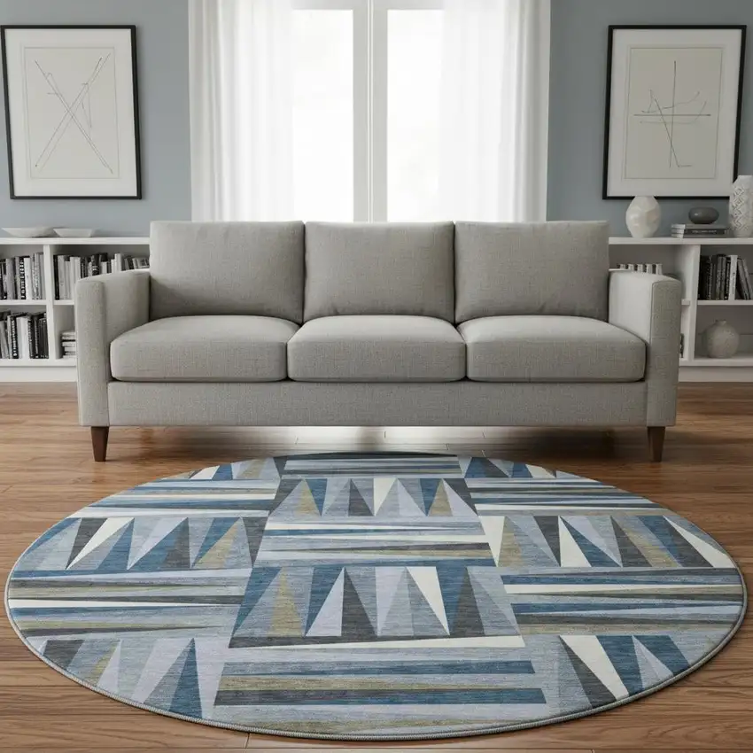 8' Denim Blue Ivory And Taupe Geometric Washable Round Rug With UV Protection Photo 2