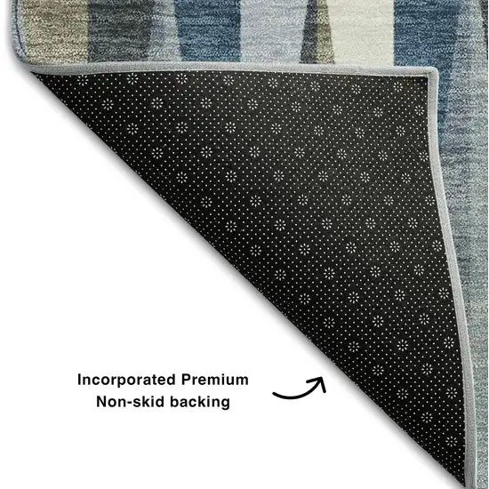 8' Denim Blue Ivory And Taupe Geometric Washable Round Rug With UV Protection Photo 5