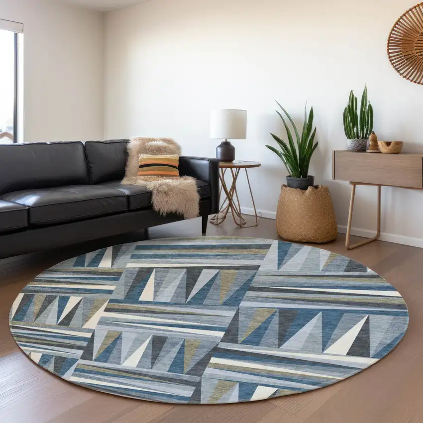 8' Denim Blue Ivory And Taupe Geometric Washable Round Rug With UV Protection Photo 4
