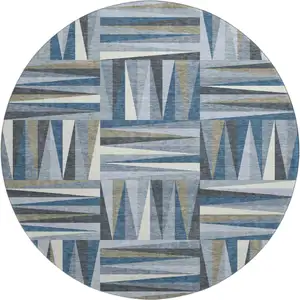 Photo of 8' Denim Blue Ivory And Taupe Geometric Washable Round Rug With UV Protection