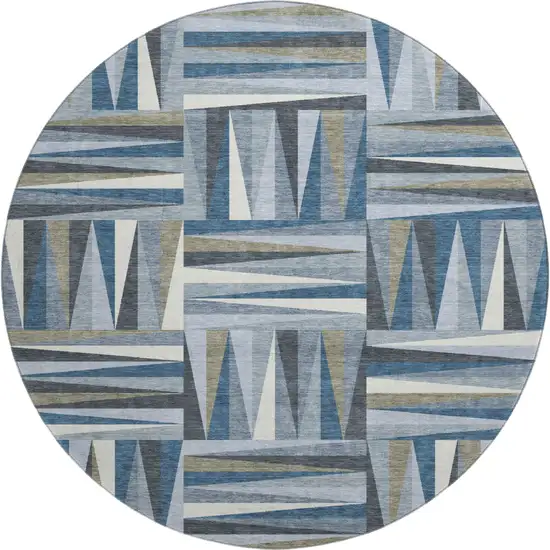 8' Denim Blue Ivory And Taupe Geometric Washable Round Rug With UV Protection Photo 1