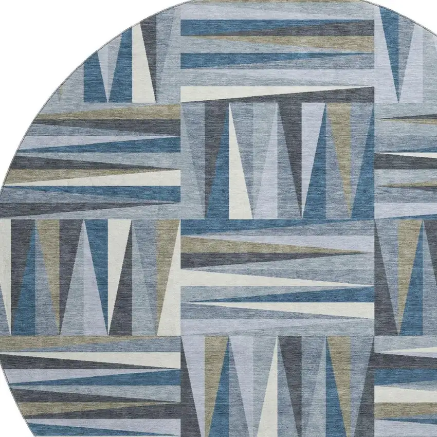 8' Denim Blue Ivory And Taupe Geometric Washable Round Rug With UV Protection Photo 2