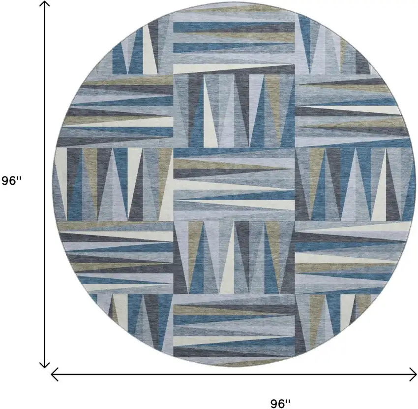 8' Denim Blue Ivory And Taupe Geometric Washable Round Rug With UV Protection Photo 9