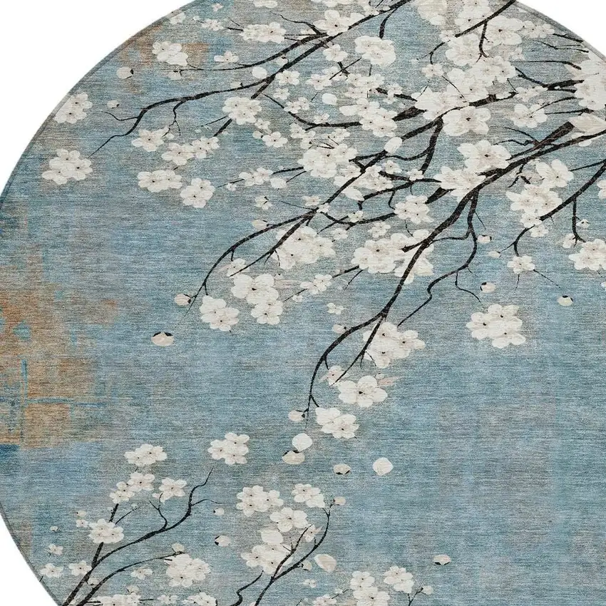 8' Denim Blue Ivory And Taupe Round Floral Washable Indoor Outdoor Area Rug Photo 6