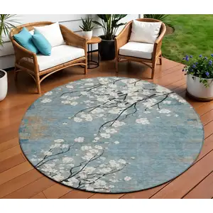 Photo of 8' Denim Blue Ivory And Taupe Round Floral Washable Indoor Outdoor Area Rug