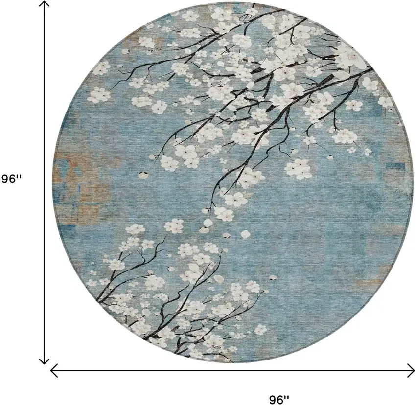 8' Denim Blue Ivory And Taupe Round Floral Washable Indoor Outdoor Area Rug Photo 3