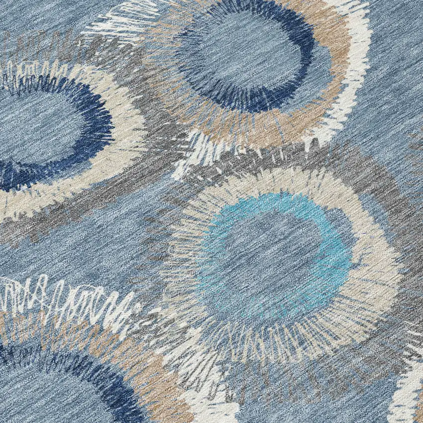 8' Denim Blue Ivory And Taupe Round Geometric Washable Indoor Outdoor Area Rug Photo 8