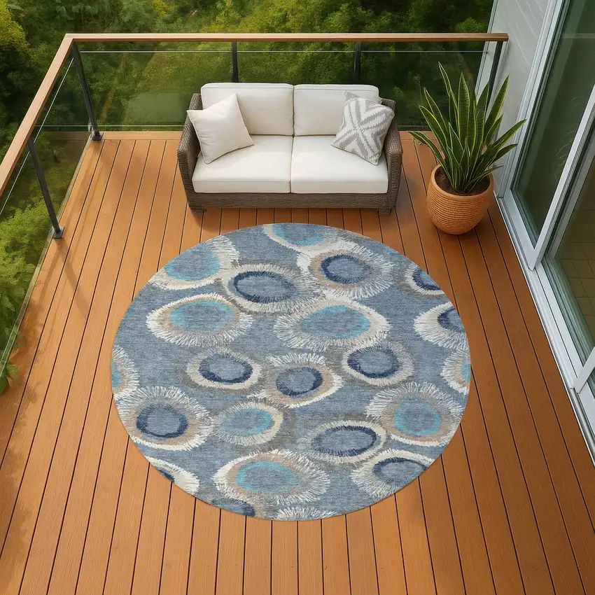 8' Denim Blue Ivory And Taupe Round Geometric Washable Indoor Outdoor Area Rug Photo 9
