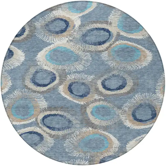 8' Denim Blue Ivory And Taupe Round Geometric Washable Indoor Outdoor Area Rug Photo 5