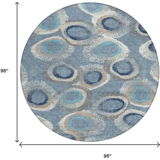 8' Denim Blue Ivory And Taupe Round Geometric Washable Indoor Outdoor Area Rug Photo 3