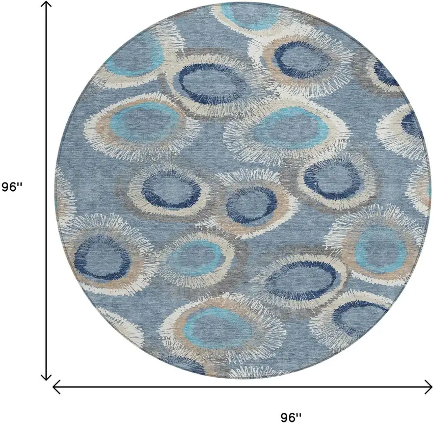 8' Denim Blue Ivory And Taupe Round Geometric Washable Indoor Outdoor Area Rug Photo 3