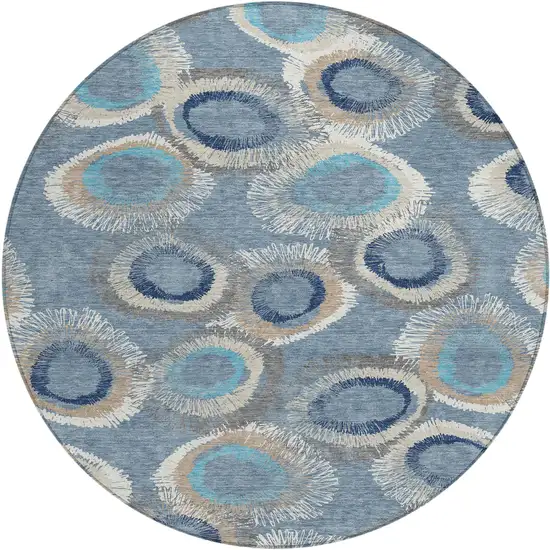 8' Denim Blue Ivory And Taupe Round Geometric Washable Indoor Outdoor Area Rug Photo 2