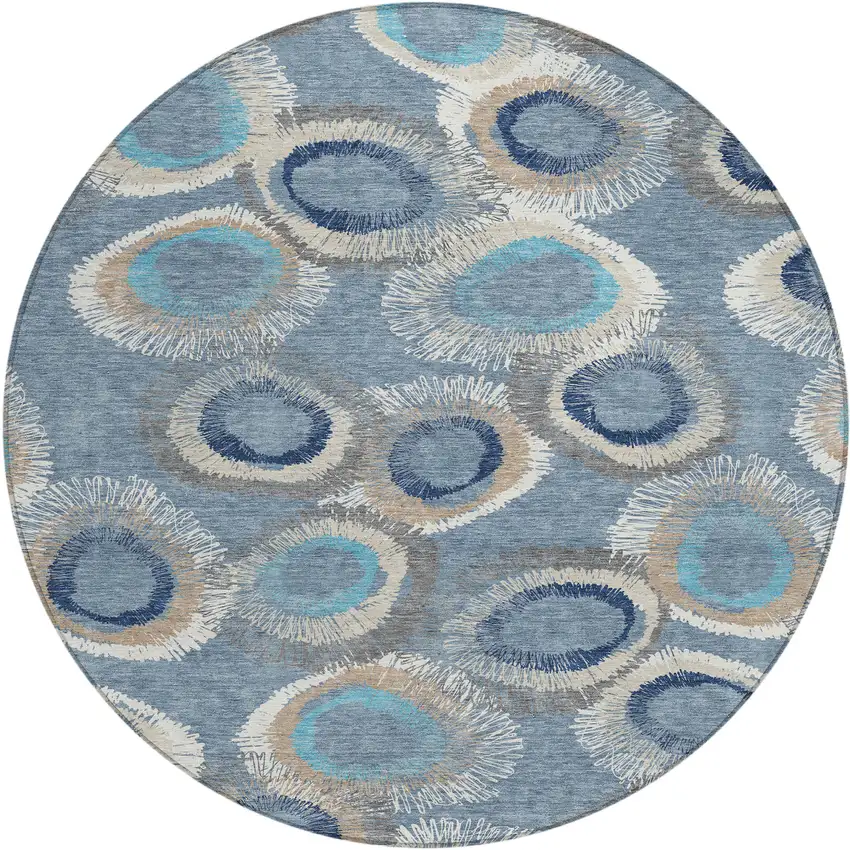 8' Denim Blue Ivory And Taupe Round Geometric Washable Indoor Outdoor Area Rug Photo 2