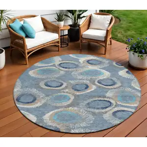 Photo of 8' Denim Blue Ivory And Taupe Round Geometric Washable Indoor Outdoor Area Rug