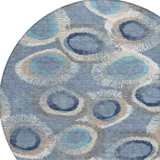 8' Denim Blue Ivory And Taupe Round Geometric Washable Indoor Outdoor Area Rug Photo 7