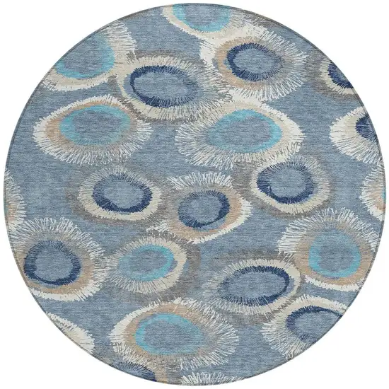 8' Denim Blue Ivory And Taupe Round Geometric Washable Indoor Outdoor Area Rug Photo 4