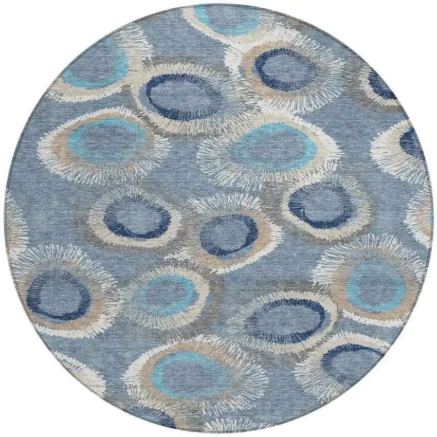 8' Denim Blue Ivory And Taupe Round Geometric Washable Indoor Outdoor Area Rug Photo 4