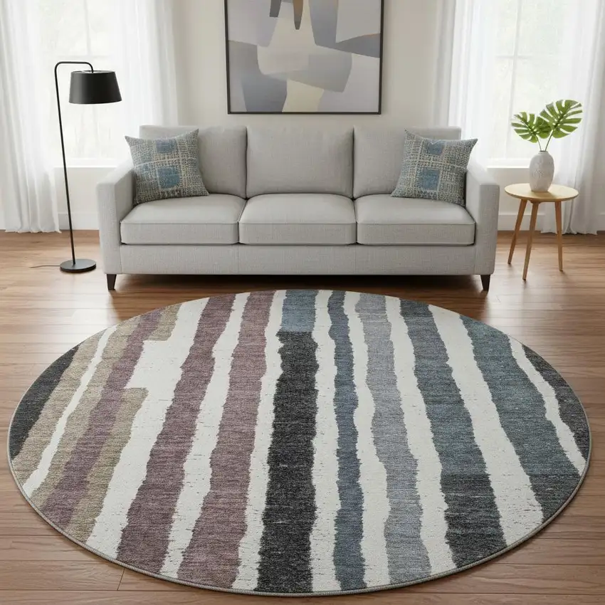 8' Denim Blue Ivory And Taupe Striped Washable Round Rug With UV Protection Photo 2