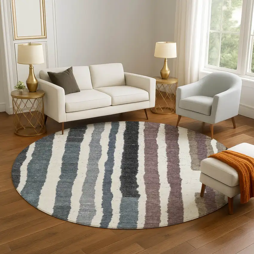 8' Denim Blue Ivory And Taupe Striped Washable Round Rug With UV Protection Photo 5